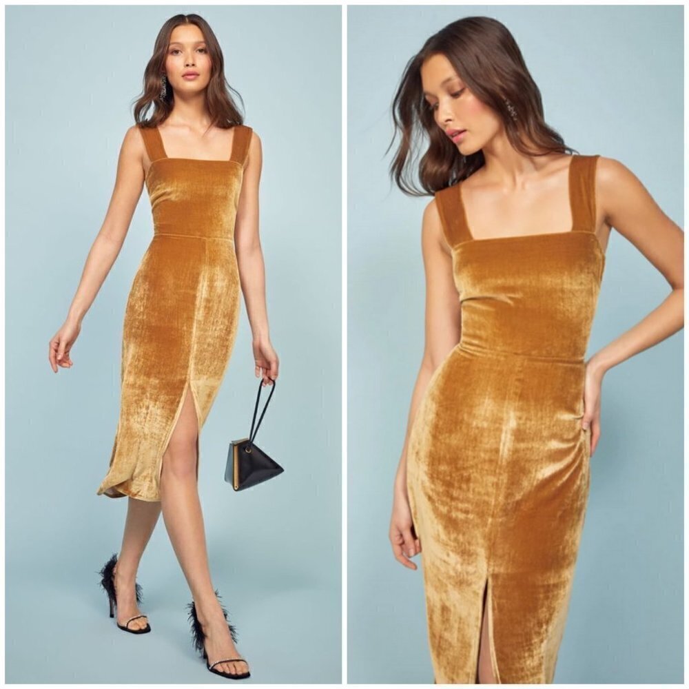 💕REFORMATION💕 Emira Velvet Dress ~ Gold 2 NWT